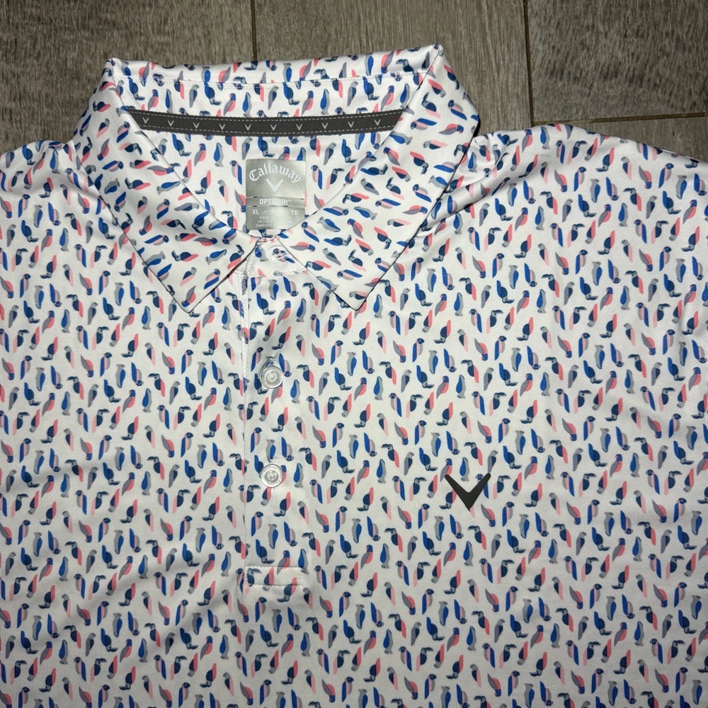 Callaway Mens XL Polo All Over Print Opti-Dri Stretch Cooling Golf Shirt Birds